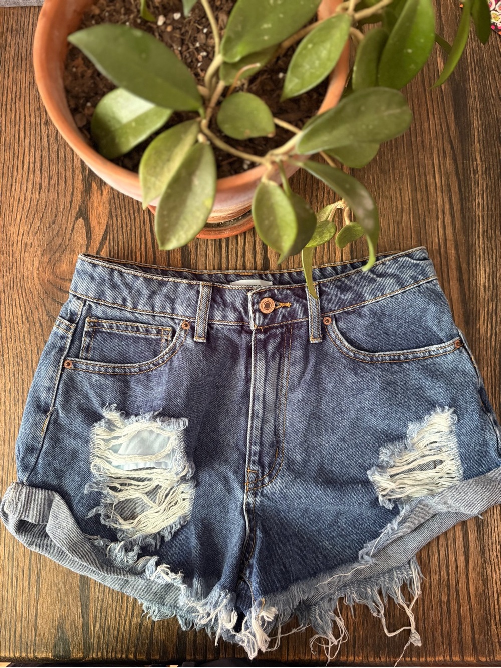 Forever 21 Distressed Rolled Hem Denim Shorts - Blue